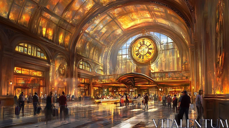 Sunlit Historic Train Station with Grand Clock AI Image