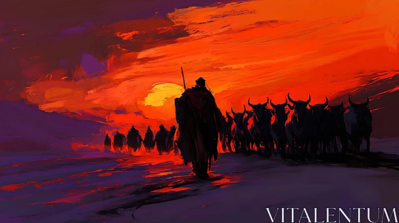 AI ART Sunset Silhouette with Herder and Cattle