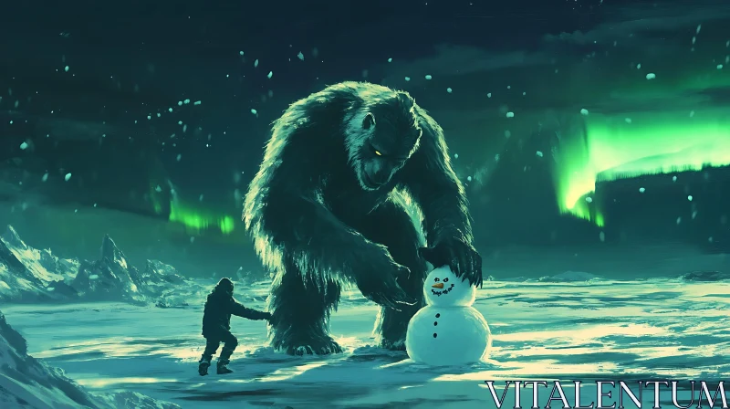 AI ART Winter Scene: Bear and Snowman Creation