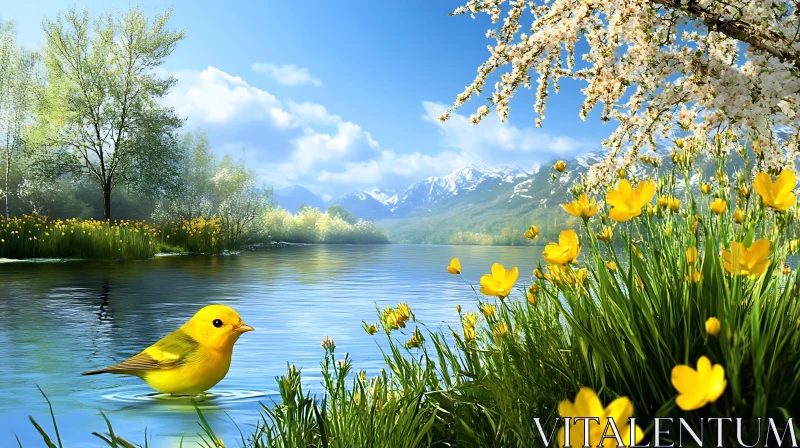 Serene Lake with Yellow Bird and Blossom AI Image