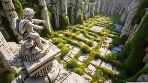 Digital Rendering of a Ruined Courtyard with Moss and Vines