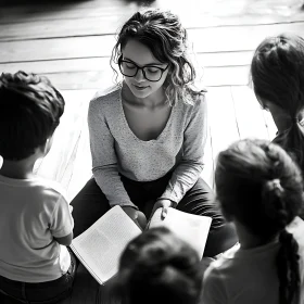 Monochrome Reading Session with Children