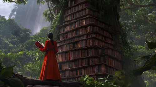 Forest Library: Woman Reading by Bookshelf Tree