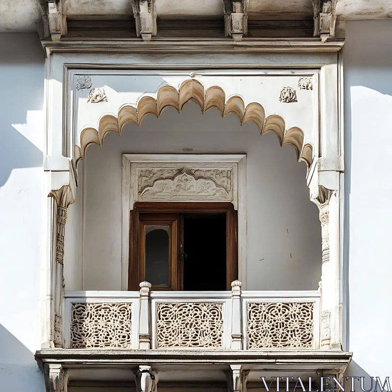 Intricate Carved Balcony with Open Window AI Image