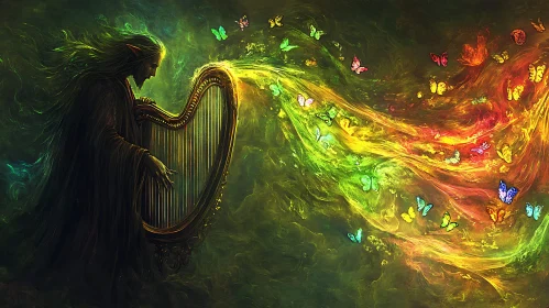 Enchanted Harpist with Butterflies