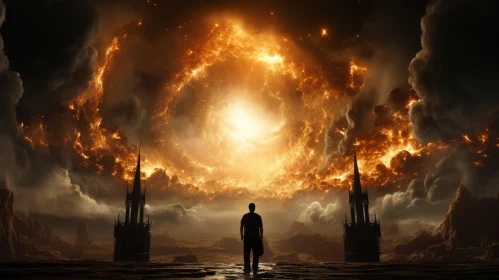 Epic Fantasy Art: Figure Standing on Stone Path amidst Explosion