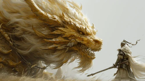 Epic Fantasy Painting: Golden Dragon and Human Warrior Battle