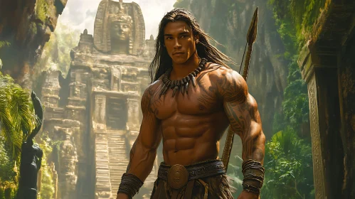 Muscular Man with Spear Near Ancient Ruins