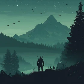 Night Mountain Landscape with Silhouette