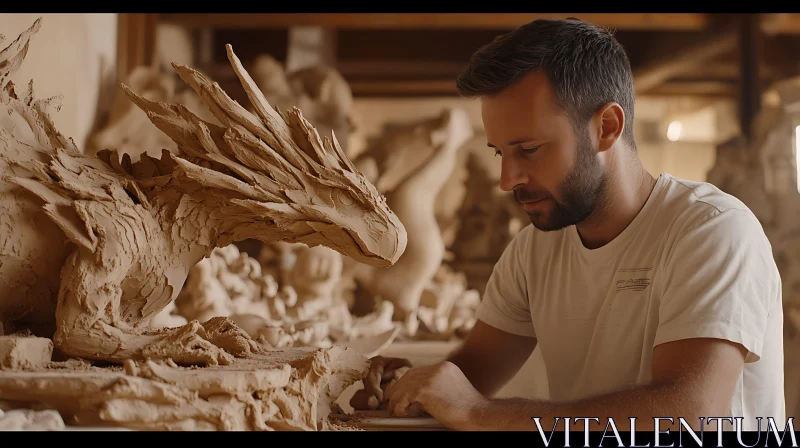 AI ART Man Sculpting Clay Dragon Art