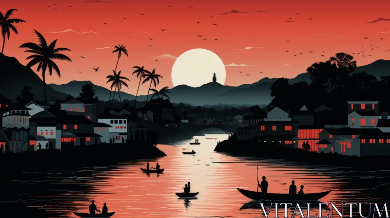 Folk-Inspired Vietnamese Island Sunset - Romantic Riverscape Illustration AI Image