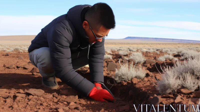 Kneeling Man in Red Desert: Organic Material and Indigenous Culture AI Image