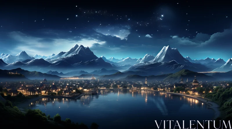 Mesmerizing Night Scene of Mountain Village by the Lake AI Image