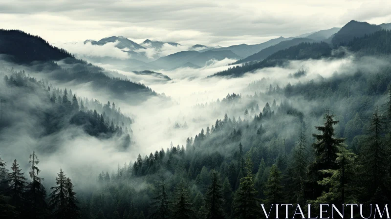 Misty Mountain Range Surrounded by Tall Trees - Ethereal Nature Scene AI Image