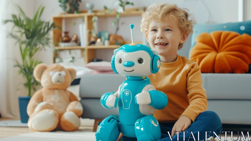 Playful Moments: Young Boy and His Blue Robot Toy AI Image