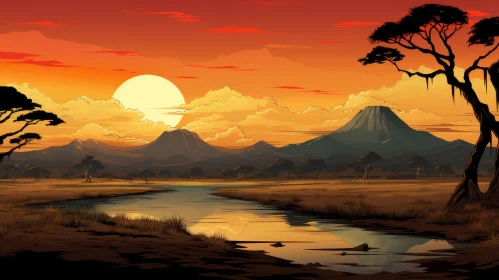 Serenity at Sunset: An Exotic Landscape in Colored Cartoon Style