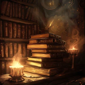 Antique Books and Candle in Dark Library