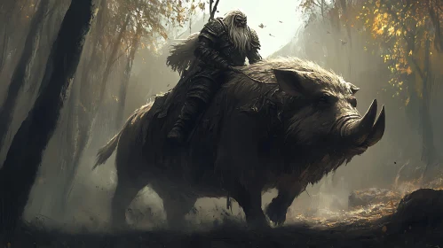 Boar Rider in Misty Woods