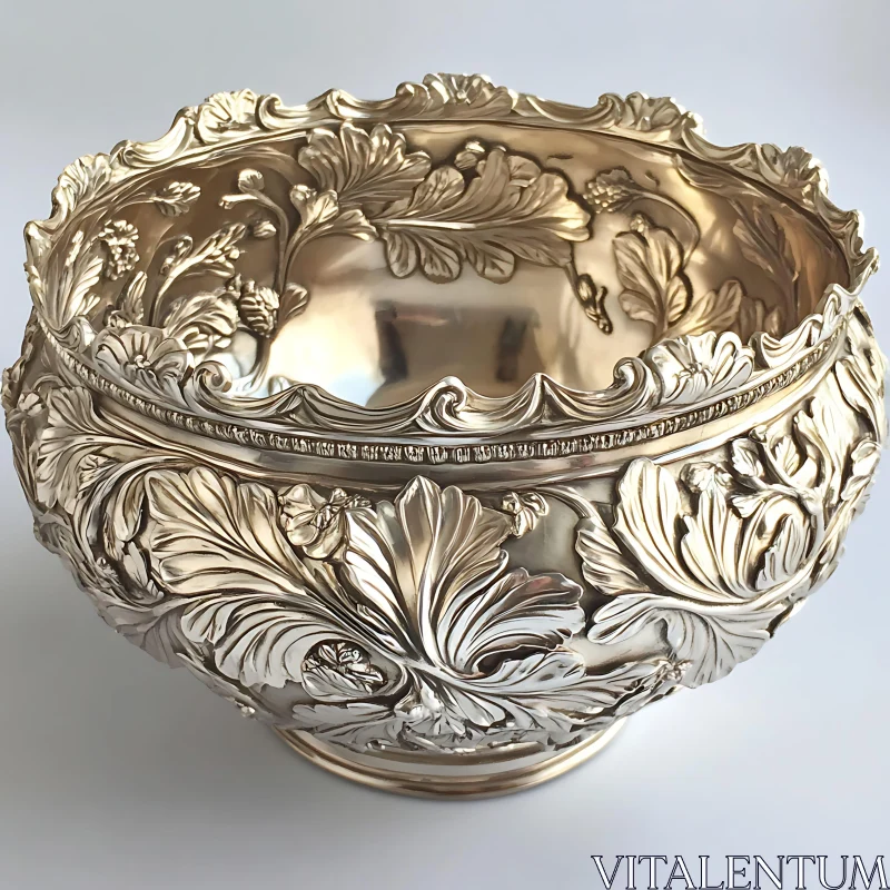 Detailed Silver Bowl with Floral Engravings AI Image