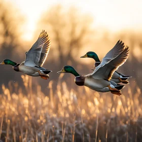 Mallards Flying at Sunset