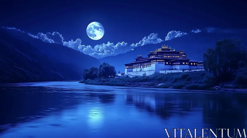 Moonlit Building by the River AI Image