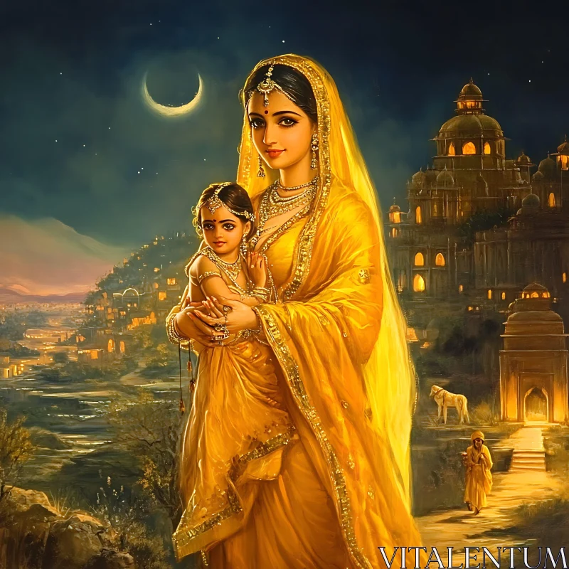 Serene Motherhood Under Moonlight AI Image