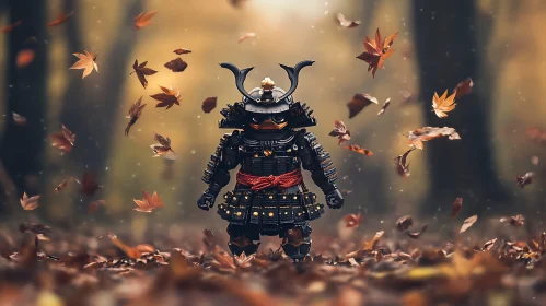 Miniature Samurai Among Falling Autumn Leaves