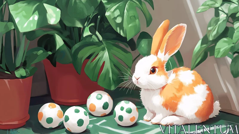 AI ART Bunny and Polka-Dot Balls in Lush Setting