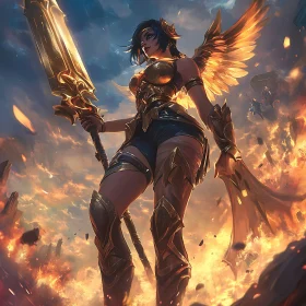 Angelic Warrior in a Blazing Landscape