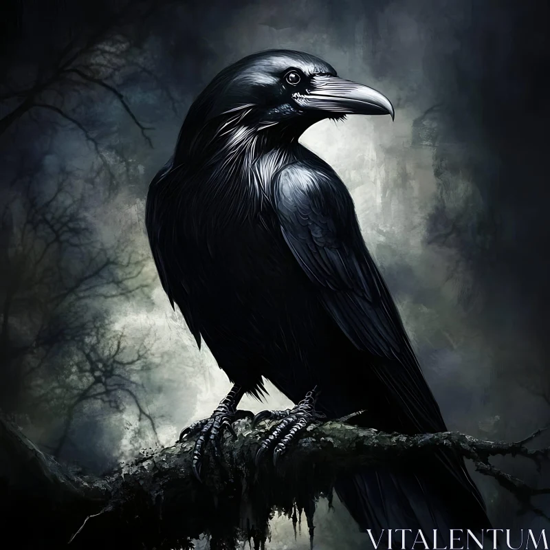 Black Raven Perched on Tree Branch AI Image