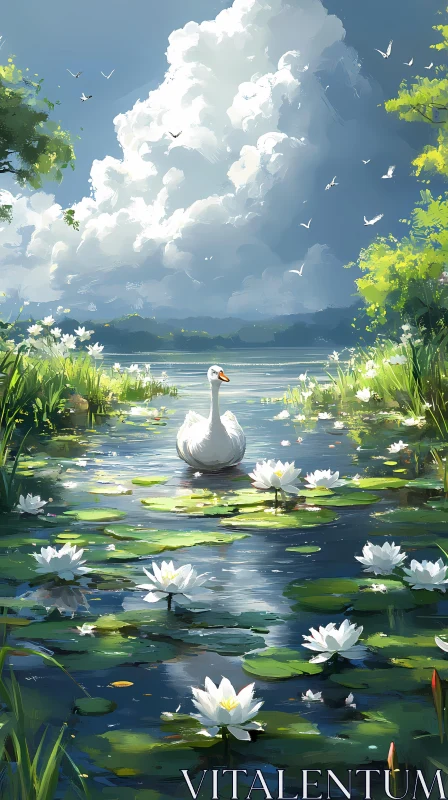 Tranquil Swan on a Lake AI Image