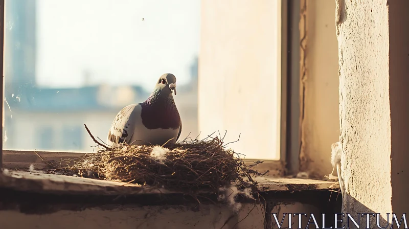 Pigeon Nesting on Windowsill AI Image