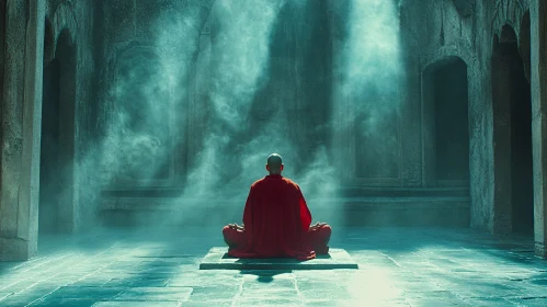 Monk Meditating in Stone Chamber