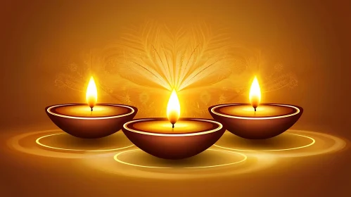 Golden Lit Earthen Lamps for Diwali