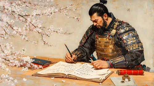 Armored Samurai Composing Text Under Blossoms