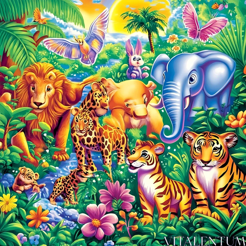 AI ART Exotic Wildlife in Colorful Jungle Landscape