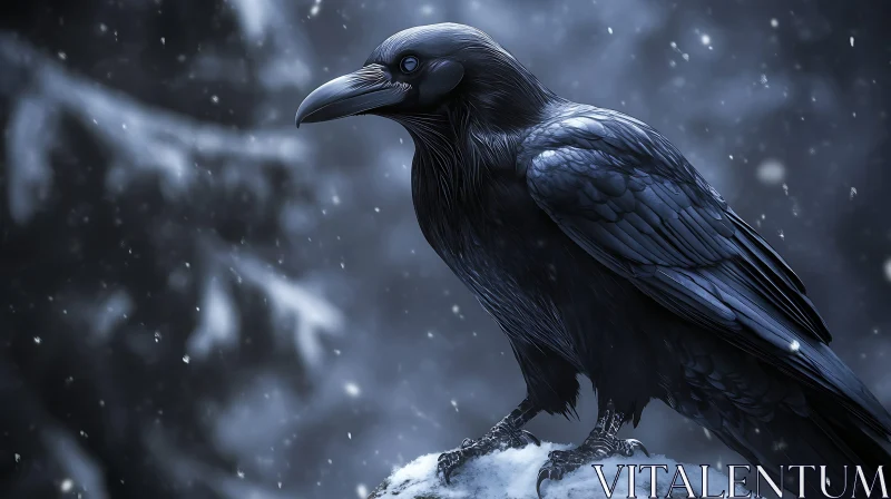 Black Raven Perched in Winter Snowfall AI Image