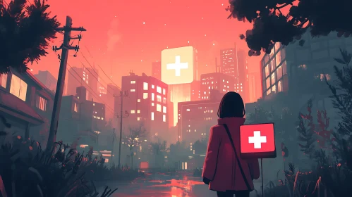 Urban Red City with Figure