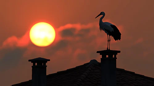 Stork on Roof Sunset