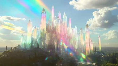 Iridescent Crystal City Under Rainbow Sky