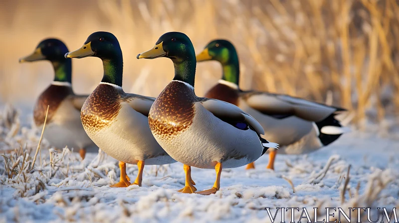 Four Mallard Ducks in Snowy Field AI Image