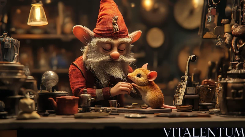 Charming Gnome and Mouse in Workshop AI Image