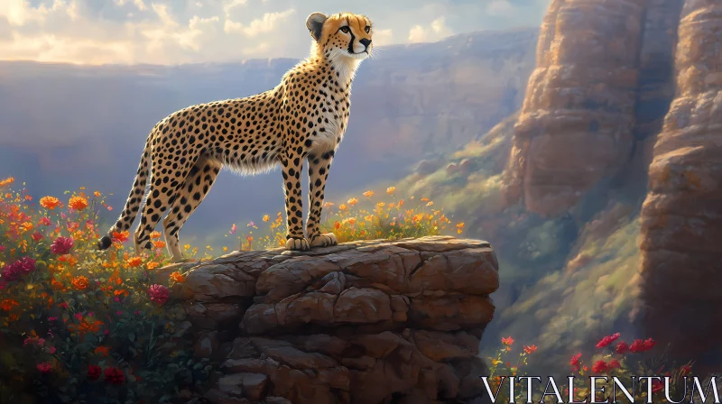 Cheetah Amidst Wildflowers and Cliffs AI Image