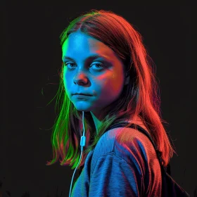 Greta Thunberg Intense Neon Portrait