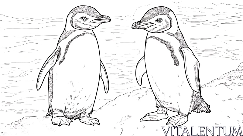 AI ART Two Penguins on the Shoreline
