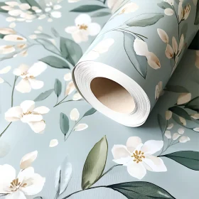 Floral Wallpaper Roll with White Flowers on Blue Background