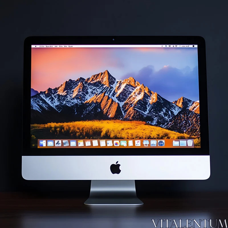 Sleek Desktop with Sunset Mountain Screen AI Image