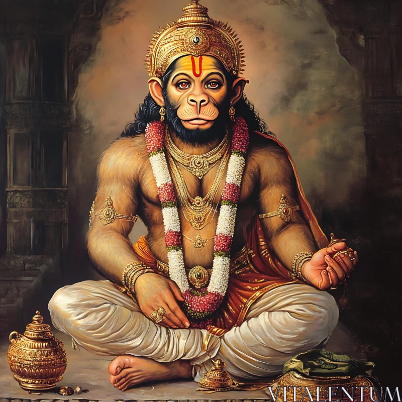 Meditative Hanuman: Traditional Hindu Art AI Image