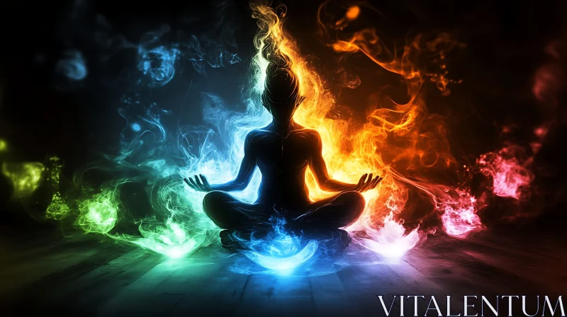 Colorful Smoke and Fire Around Meditative Silhouette AI Image