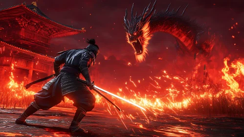 Epic Battle: Warrior and Dragon in Flames